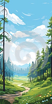 Evergreen Forest: A Vibrant Cartoon Illustration Of Nature photo