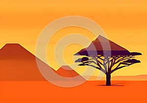 Tranquil Twilight: A Serene Illustration of a Mountain Landscape and Silhouette Tree
