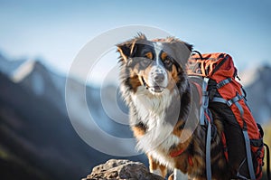 Adventure Dog with Backpack in Mountain Landscape, AI Generated