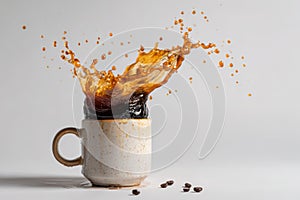 Dynamic Coffee Splash in White Mug Captured on Neutral Background