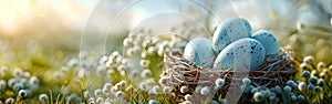 Easter Eggs in Bird Nest Basket on Green Meadow: Holiday Greeting Card