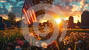 Sunset Memorial: American Flags on Veterans' Graves at National Cemetery,