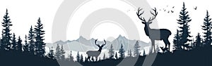 Forest Family: Silhouette of Deer with Fawn and Fir Trees - Vector Illustration for Nature Logo, Hunting, and Camping Adventure