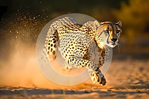Stunning image of a Cheetah running in the African savanna. Amazing African Wildlife. Generative Ai