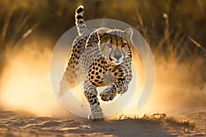 Stunning image of a Cheetah running in the African savannah. Amazing African Wildlife. Generative Ai