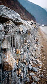 A stunning image of close-up of gabion retaining wall construction using wire baskets filled with granite photo