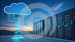 Cloud Computing Data Center Servers and Network Connections at Night AI generated.