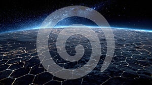 Global Network Earth at Night with Hexagonal Grid Overlay