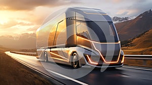 Stunning image of an electric semi-trailer driving down a highway during sunset. A futuristic truck is driving along the highway.