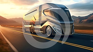 Stunning image of an electric semi-trailer driving down a highway during sunset. A futuristic truck is driving along the highway.