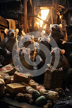 A stunning image of a group of rats exploring an abandoned warehouse, capturing their curiosity a