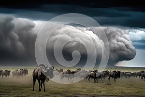 Stunning image of a Herd of wildebeest in a green field as a big storm approaches. Amazing African wildlife