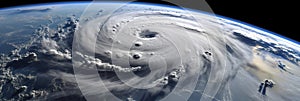 A stunning image of a hurricane from space, with the swirling pattern of clouds and the eye of the storm visible from