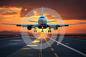 A stunning image of a large jetliner gracefully soaring above a runway during a vibrant sunset, large jetliner taking off from an