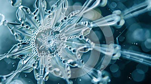 A stunning image of a microscopic diatom its intricate silica shell resembling a delicate snowflake. These tiny algae