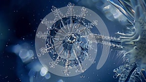 A stunning image of a microscopic diatom its intricate silica shell resembling a delicate snowflake. These tiny algae