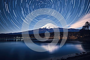 A stunning image of a mountain with a captivating star trail streaking across the sky, Starry night sky over Mt Fuji, Japan, AI