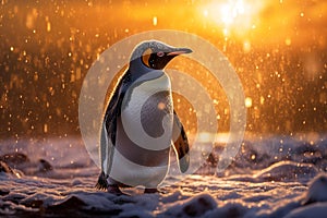 Stunning image of a Penguin on the sea ice in the Antarctica at sunset. Amazing Wildlife. Generative Ai