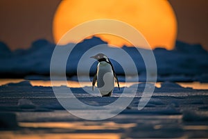 Stunning image of a Penguin on the sea ice in the Antarctica at sunset Giant sunset in the background. Amazing Wildlife.