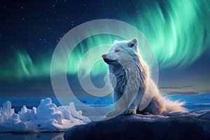 A stunning image of a polar bear sitting on a rock, framed by the vibrant colors of the aurora borealis, An arctic fox roaming