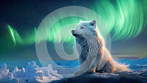 A stunning image of a polar bear sitting on a rock, framed by the vibrant colors of the aurora borealis, An arctic fox roaming