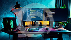 Neon-Lit Coder's Haven: Dual Monitor Setup with RGB Keyboard and PC