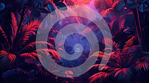 Neon-lit Tropical Jungle with Retro Palms & Plants in Dark Trend Exotica photo