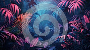 Neon-lit Tropical Jungle with Retro Palms & Plants in Dark Trend Exotica photo