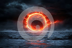 Fiery Solar Eclipse Over Ocean Waves with Dramatic Clouds and Dark Atmosphere at Dusk