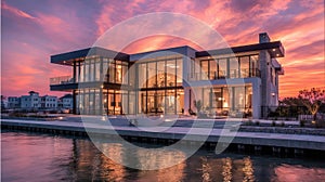 A stunning image of Sunset at Luxury Waterfront Modern Home.