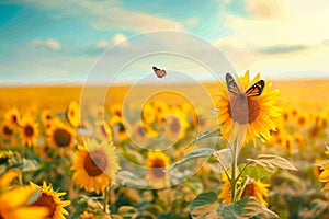 A stunning image of a vibrant sunflower field with a butterfly gracefully flying over it, Endless fields of sunflowers under a