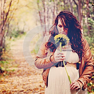 Stunning instagram of pregnant woman on forest path