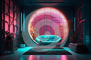 Stunning Interior Design: Blush Pink and Turquoise Blue with Neon Lights & Digital Art on Shiny Walls