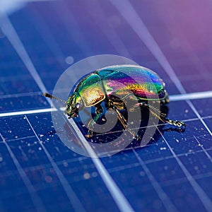 Futuristic Nature - Iridescent Insect on a Solar Panel