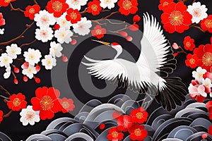 A stunning Japanese-inspired design featuring a crane in flight surrounded by vibrant red and white cherry blossoms photo