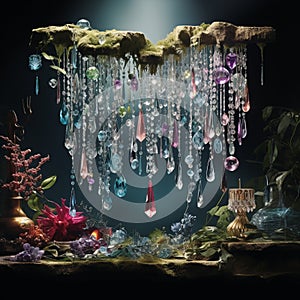 Stunning Jewelry Display with Cascading Gemstone Waterfalls in a Twilight Setting