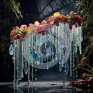 Stunning Jewelry Display with Cascading Gemstone Waterfalls in a Twilight Setting