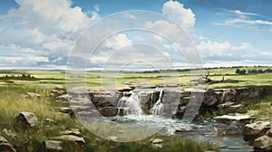 8k Resolution English Countryside Waterfall Painting photo