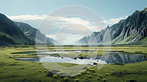 Tranquil Arctic Wetland: Vray Tracing Mountain Landscape In 32k Uhd photo
