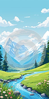 Alpine Landscapes: Whistlerian Illustration Of Mountains And River photo