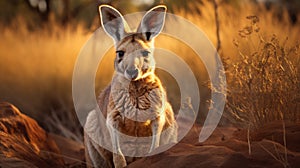 Stunning Kangaroo Portrait In Brown Grass At Sunset photo