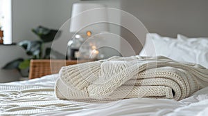 A stunning knit blanket made with designer yarns folded neatly on a bed adding a touch of sophistication to the room