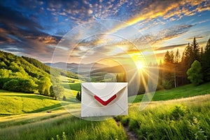 Stunning Landscape Email Confirmation A Beautiful White Envelope with a Bold Red Checkmark Signifying Secure Delivery photo