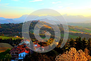 Stunning landscape with hills and mountains during sunset in Monte Vidon Corrado