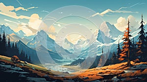 Minimalistic Vector Art Of Mountain Landscape With Birds photo