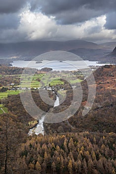Stunning landscape image of the view from Castle Crag towards Derwentwater, Keswick, Skiddaw, Blencathra and Walla Crag in the