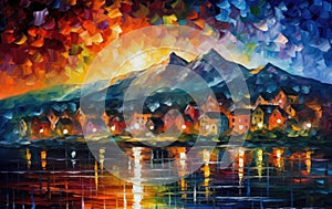 Stunning Landscape Painting of Mountains and City Lights in Leonid Afremov Style. Perfect for Wall Art.