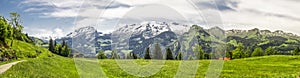 Stunning landscape panorama of Swiss Alps, Fronalpstock, Klingenstock and Chaiserstock near Illgau. Illgau is a village in Schwyz