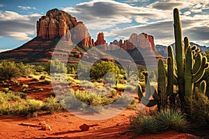 A stunning landscape photograph of a serene desert scene, featuring a cactus and majestic mountains in the background., A rugged