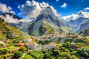 Pico Grande, Madeira island, Portugal. Beautiful landscape with famous Pico Grande mountain peaks, Madeira island, Portugal photo